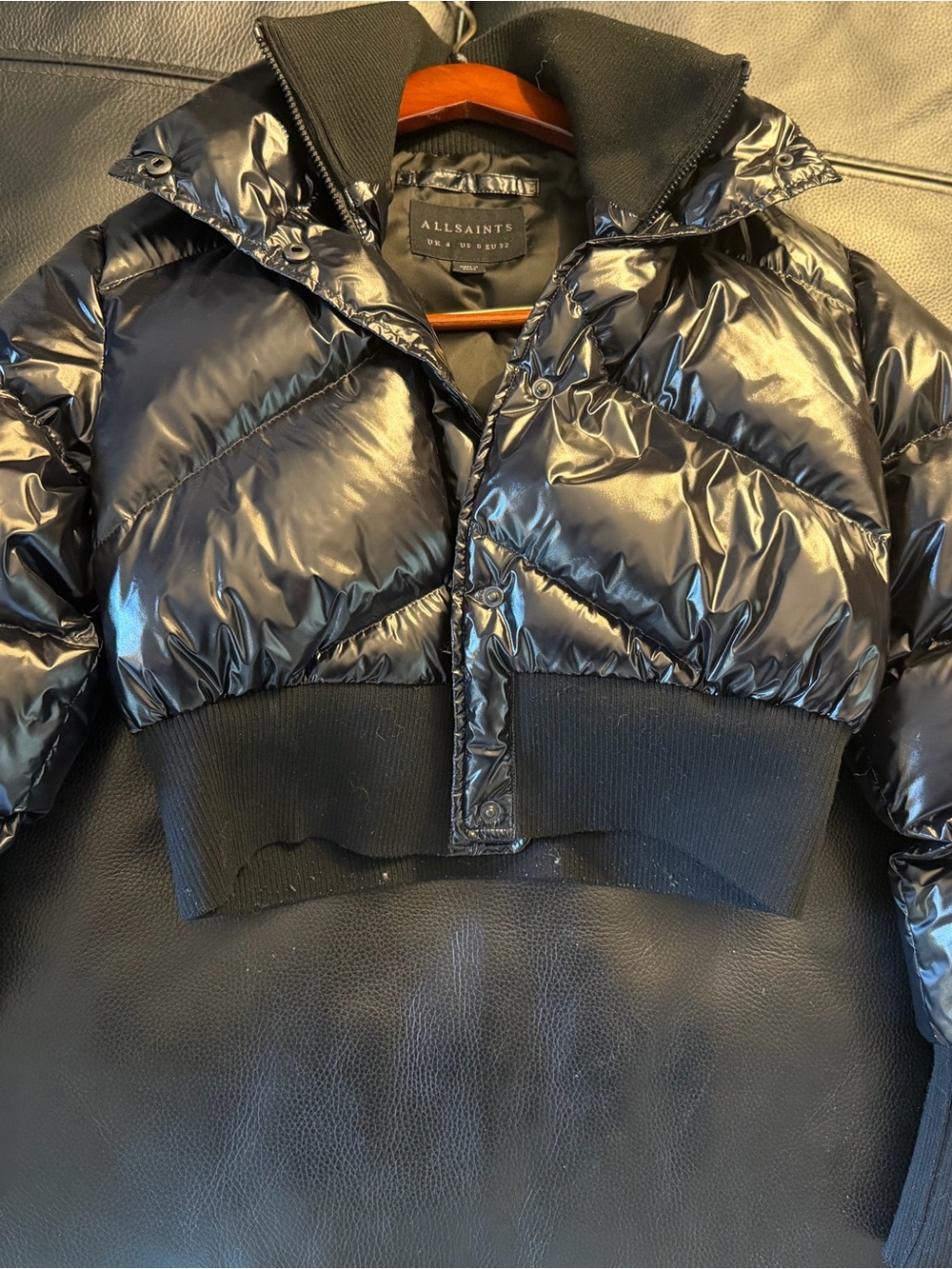 AllSaints Glossy Black Cropped Bomber Jacket